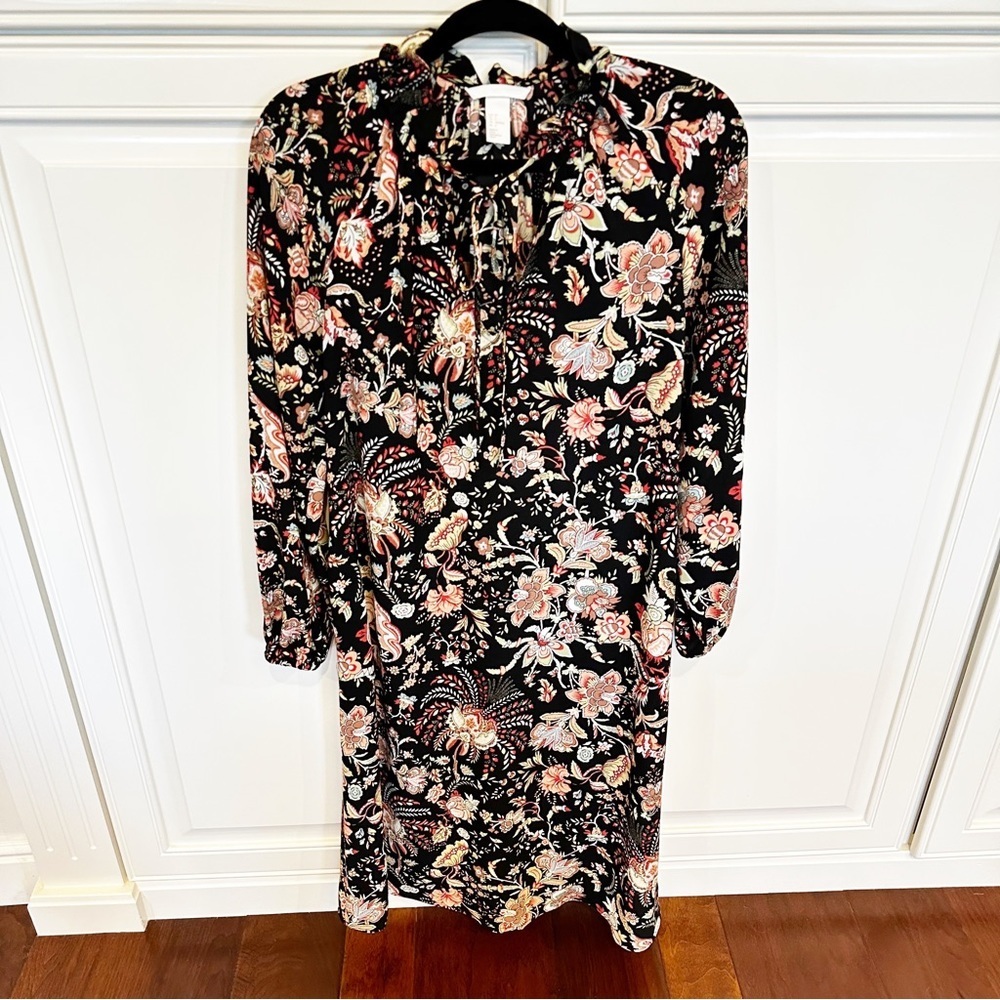 H&M Women’s Black Paisley Floral Ruffle Collar Peasant Boho Midi Dress Flowy 4